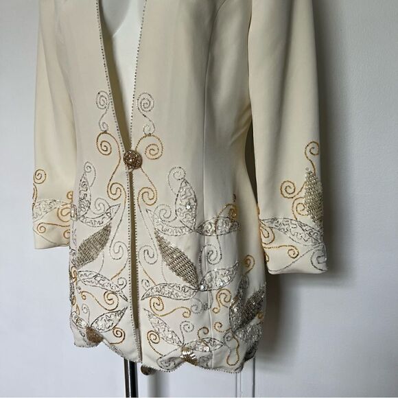 Vintage Nite Line Silver and Gold Beaded white Long Blazer 80s 90s - Picture 2 of 10